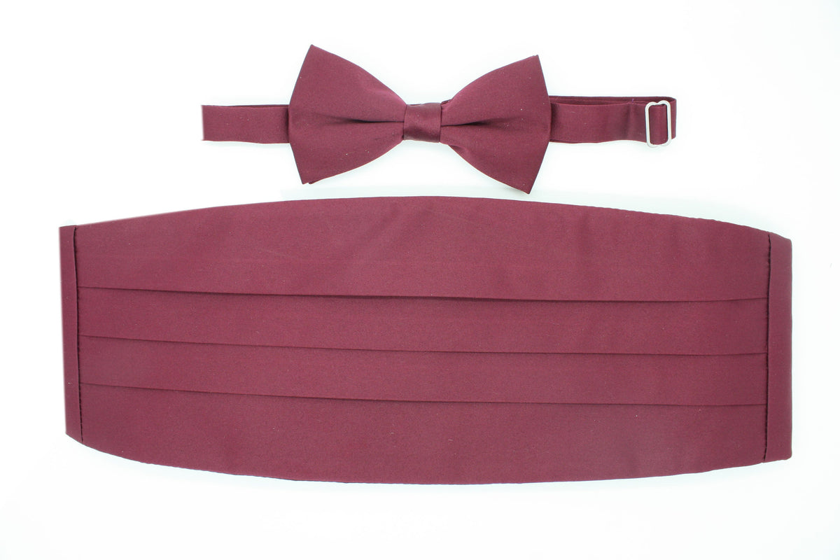 Men's Burgundy Satin Cummerbund & Bow Tie Set – Adjustable Tuxedo Set