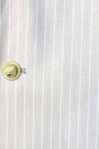 Cream Striped Linen Gold Metal Button Slim Fit Men's Blazer Jacket - Wessi