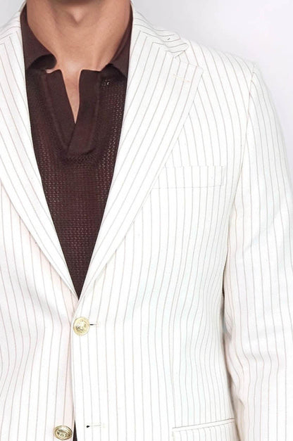 Ecru Striped Linen Gold Metal Button Slim Fit Men's Blazer Jacket - Wessi