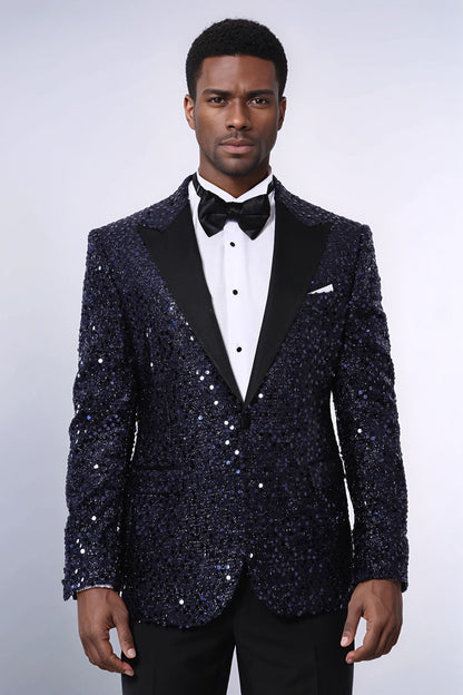 Navy Blue Sequin Patterned Party Blazer | Wessi