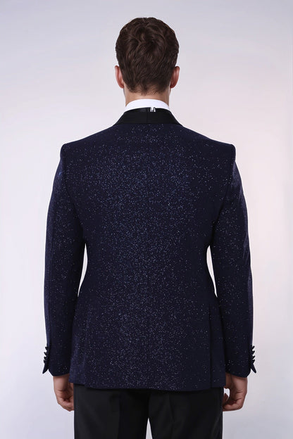 Shawl Lapel Navy Blue Men Sparkly Blazer - Wessi