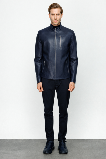 The Blanchard Navy Blue Leather Men Jacket