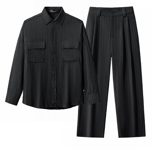 Crinkle Texture Shirt & Pant Set BLACK - My Men's Shop