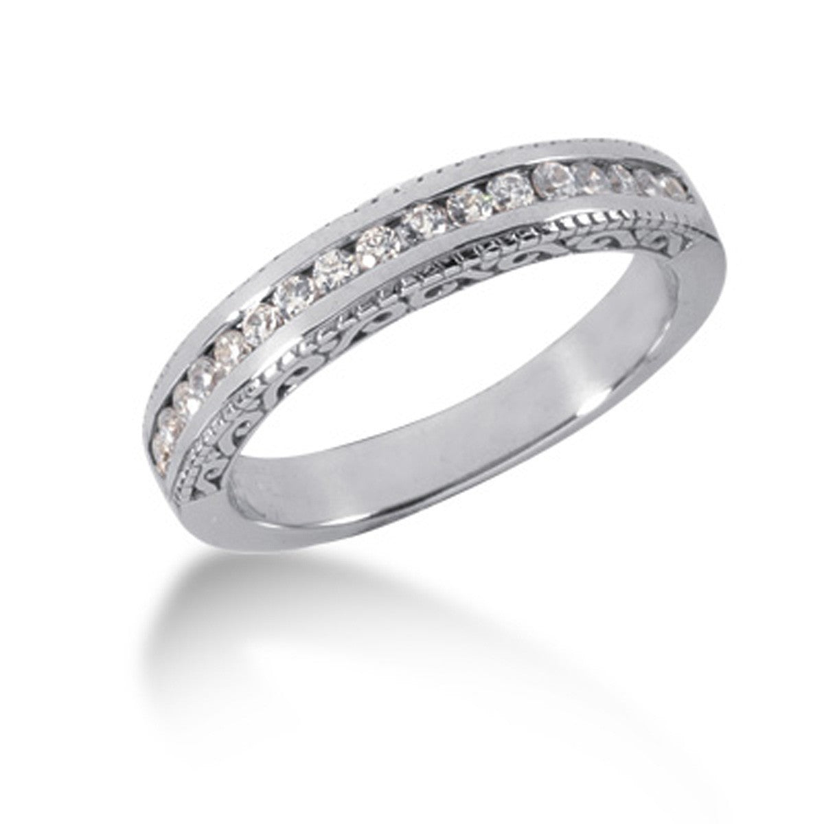 Anillo de boda de oro blanco de 14k estilo vintage con diamantes engastados en canal y grabado