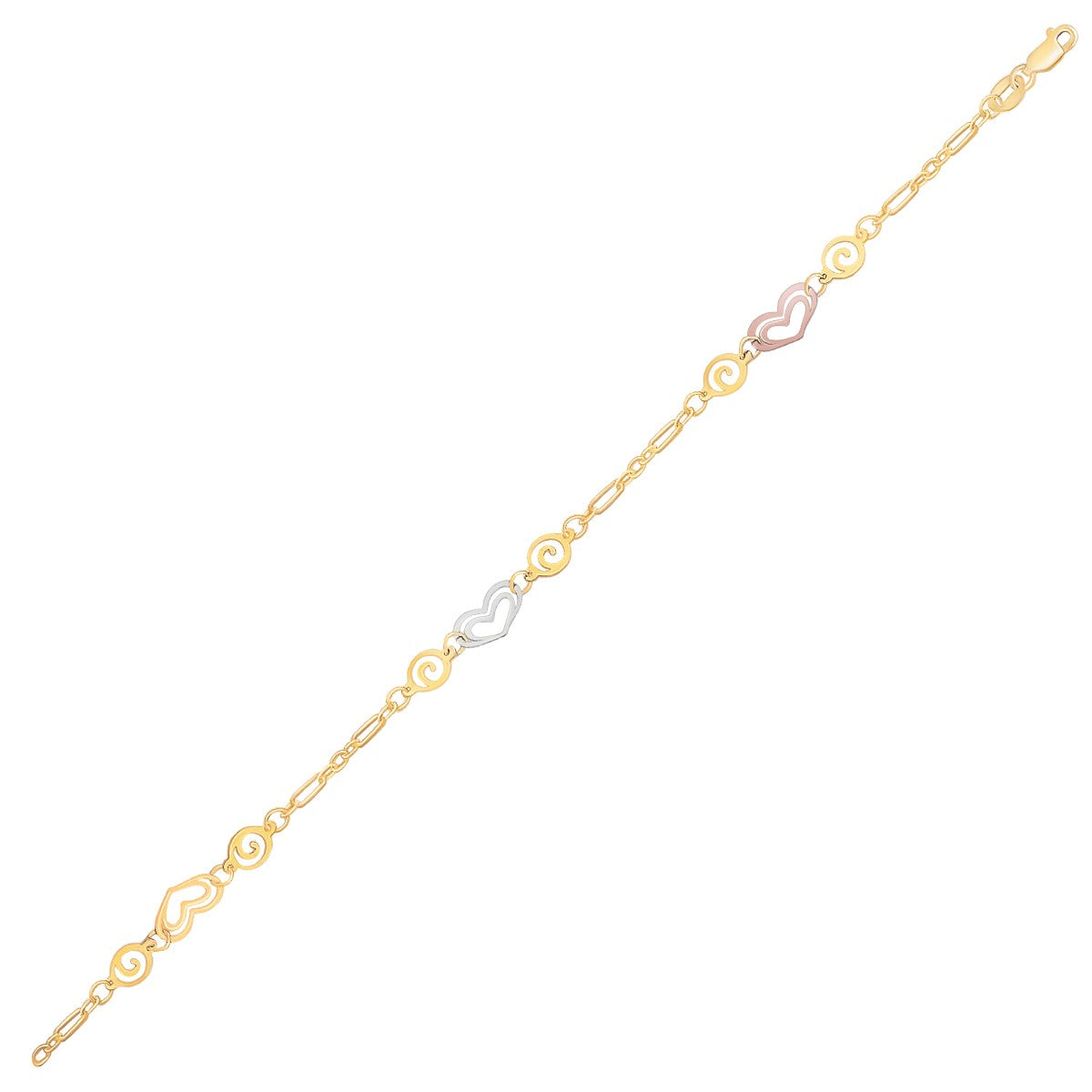 Tobillera de oro tricolor de 14k con estaciones de corazón multicolor