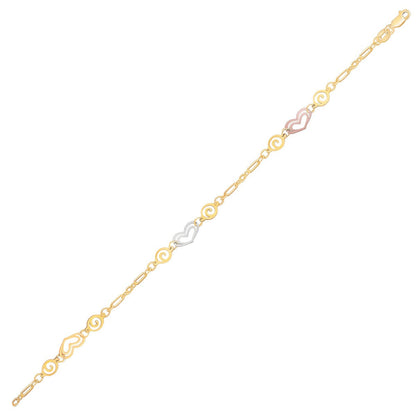 Tobillera de oro tricolor de 14k con estaciones de corazón multicolor