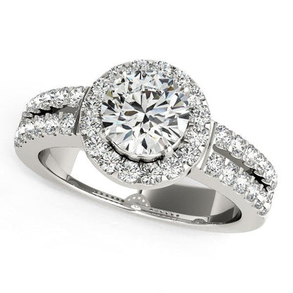 Anillo de compromiso con halo de diamantes en oro blanco de 14 quilates y banda de doble fila (1 3/8 quilates de peso total)