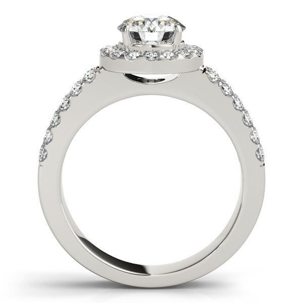 Anillo de compromiso con halo de diamantes en oro blanco de 14 quilates y banda de doble fila (1 3/8 quilates de peso total)