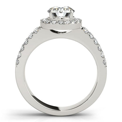 Anillo de compromiso con halo de diamantes en oro blanco de 14 quilates y banda de doble fila (1 3/8 quilates de peso total)