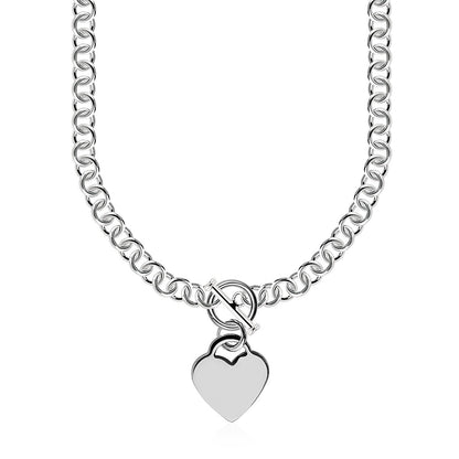 Cadena Rolo de Plata de Ley con Charm de Corazón y Cierre de Palanca con Baño de Rodio