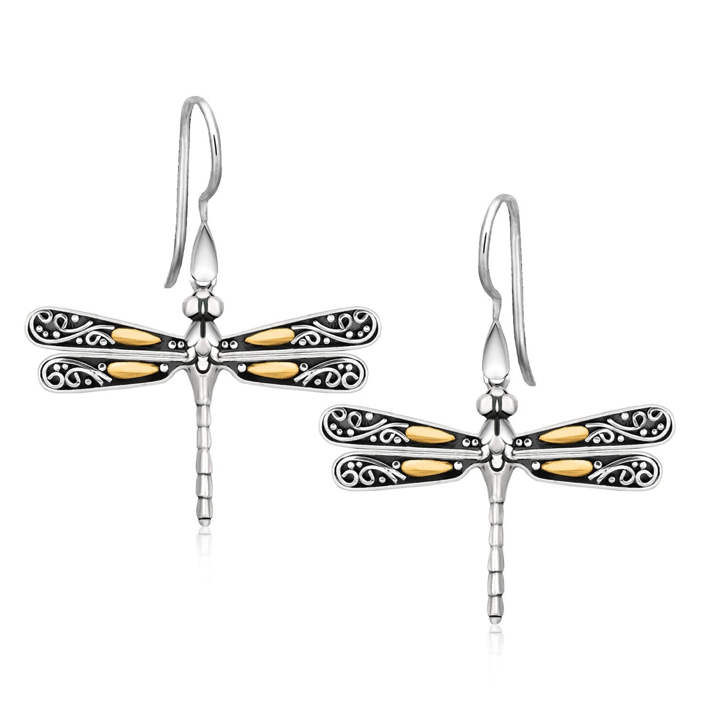 Pendientes Colgantes de Libélula en Oro Amarillo de 18k y Plata de Ley