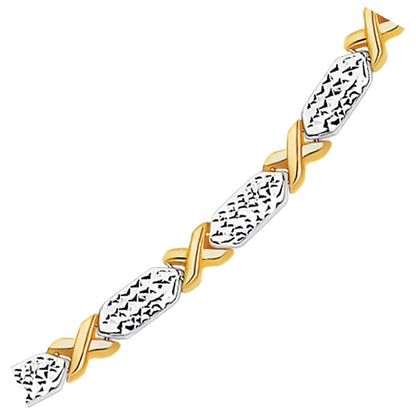 Pulsera de oro de 14k de dos tonos con diseño de líneas en X