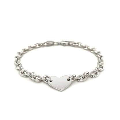 Pulsera de cadena de plata de ley con baño de rodio y corazón plano