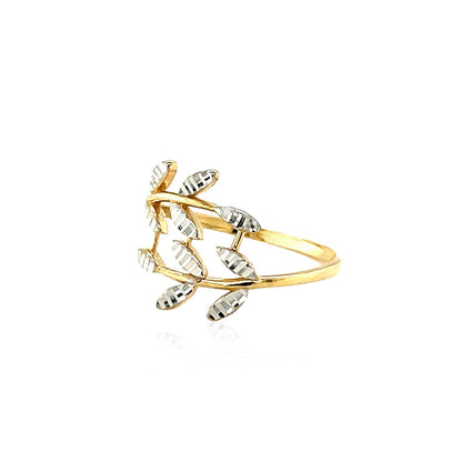 Anillo Crossover de Oro Bicolor de 14k con Hojas Texturizadas