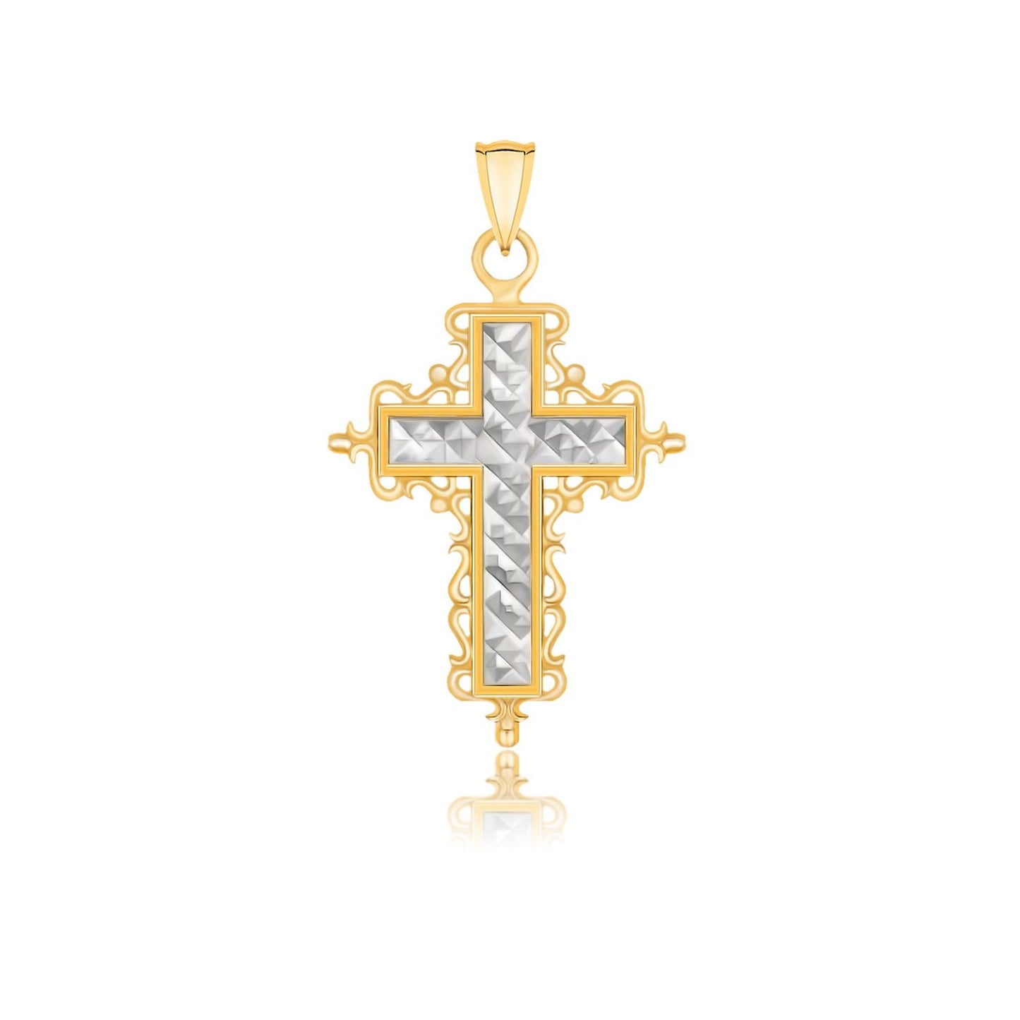 Colgante de cruz de oro de 14k de dos tonos con corte de diamante e inspiración barroca
