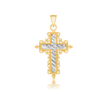 Colgante de cruz de oro de 14k de dos tonos con corte de diamante e inspiración barroca