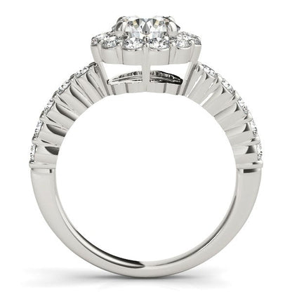 Anillo de compromiso de oro blanco de 14 quilates con diamantes de talla redonda con motivo floral (1 5/8 quilates en total)