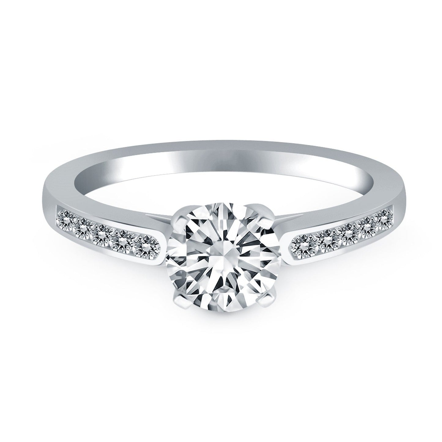 Anillo de compromiso tipo catedral con diamantes y engaste de canal de oro blanco de 14k