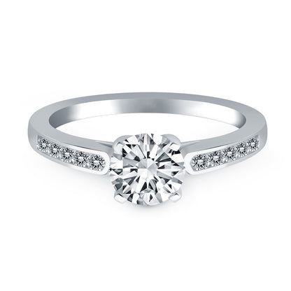 Anillo de compromiso tipo catedral con diamantes y engaste de canal de oro blanco de 14k