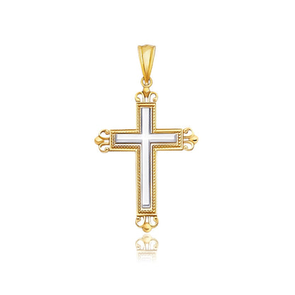 Colgante de cruz de oro bicolor de 14k con un estilo ornamentado de brotes