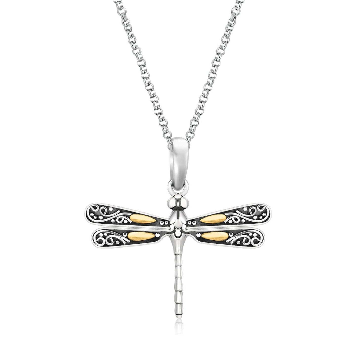 Colgante de oro amarillo de 18k y plata de ley con diseño de libélula