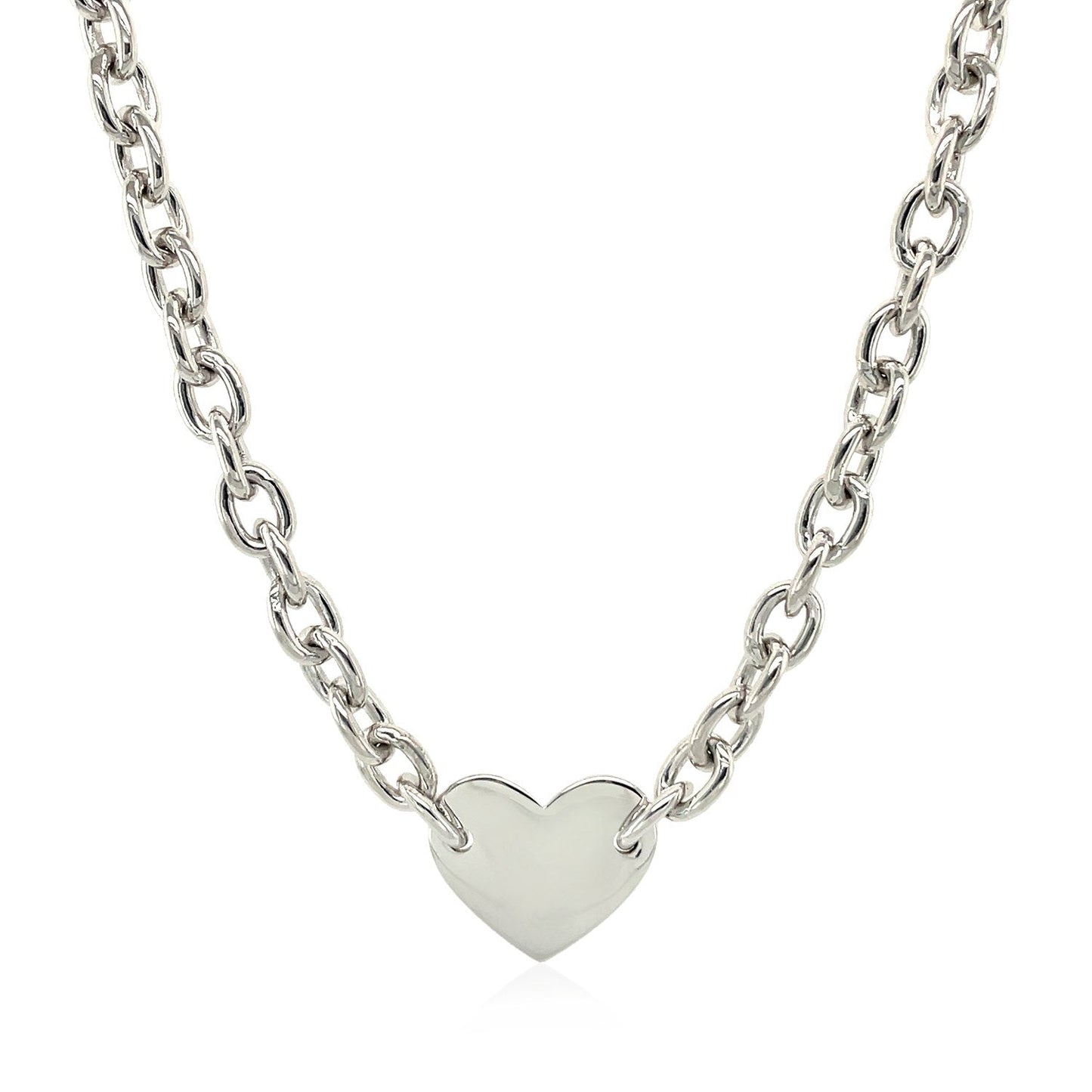 Pulsera de cadena de plata de ley rodiada con motivo de corazón plano