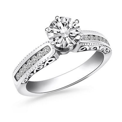 Anillo de compromiso en oro blanco de 14k con engaste de canal y laterales grabados