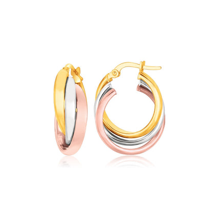 Aretes entrelazados tubulares abovedados de oro tricolor de 14k