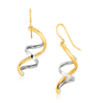 Pendientes colgantes pulidos de doble hélice de oro bicolor de 14k