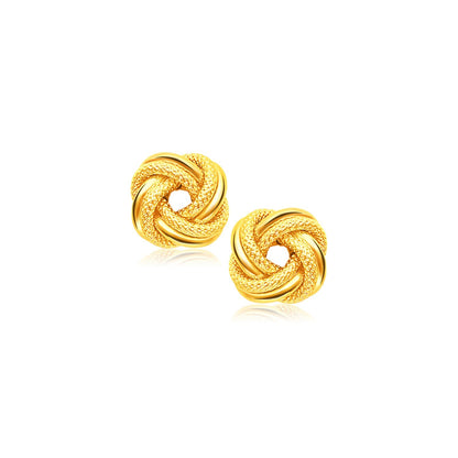 Pendientes de botón nudo de amor entrelazado de oro amarillo de 14k