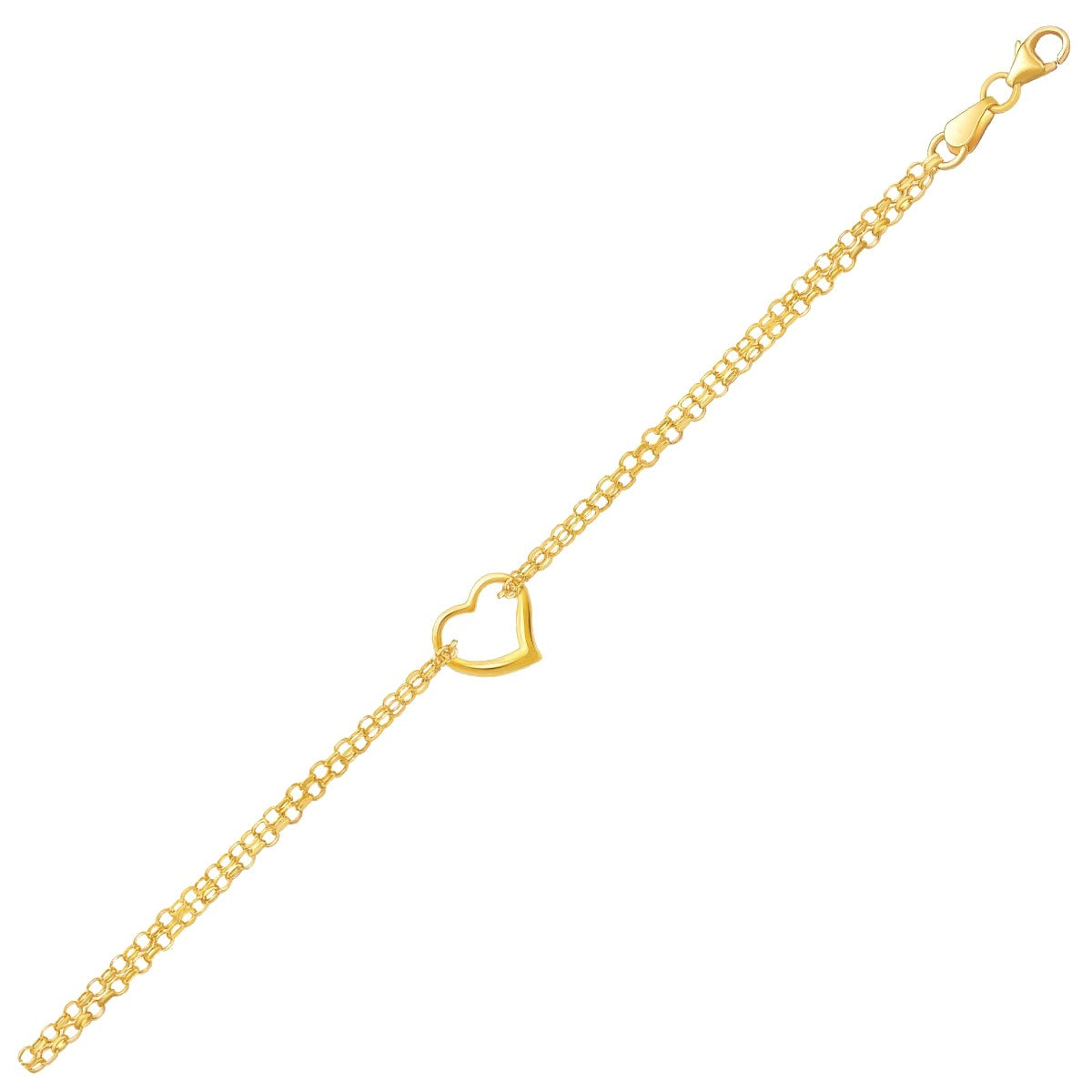 Tobillera de cadena rolo doble de oro amarillo de 14k con estación de corazón abierto