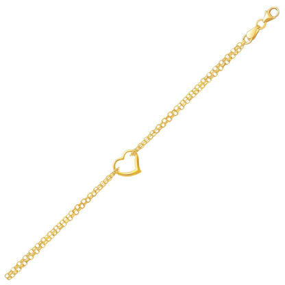 Tobillera de cadena rolo doble de oro amarillo de 14k con estación de corazón abierto