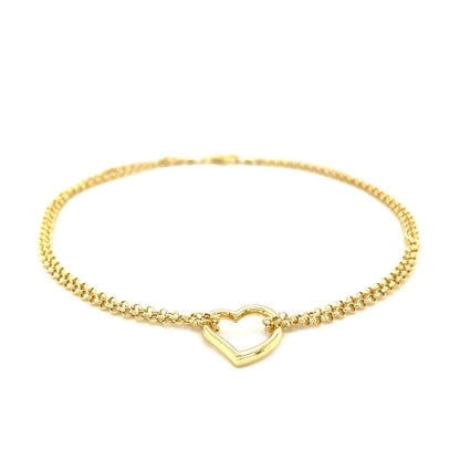 Tobillera de cadena rolo doble de oro amarillo de 14k con estación de corazón abierto