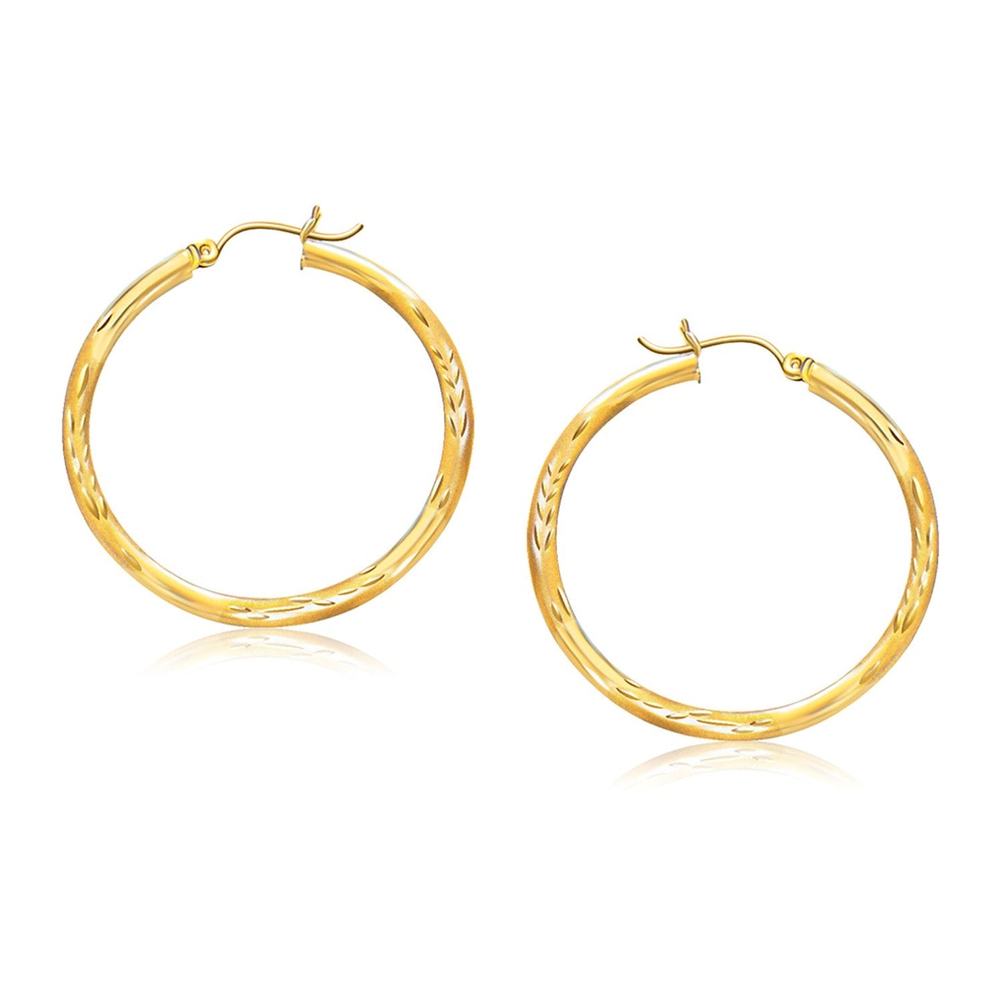 Pendientes de aro de oro amarillo de 14k con corte de diamante de lujo (35 mm de diámetro)