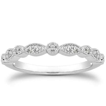 Anillo de boda de oro blanco de 14k, estilo vintage, con pavé de diamantes y filigrana milgrain