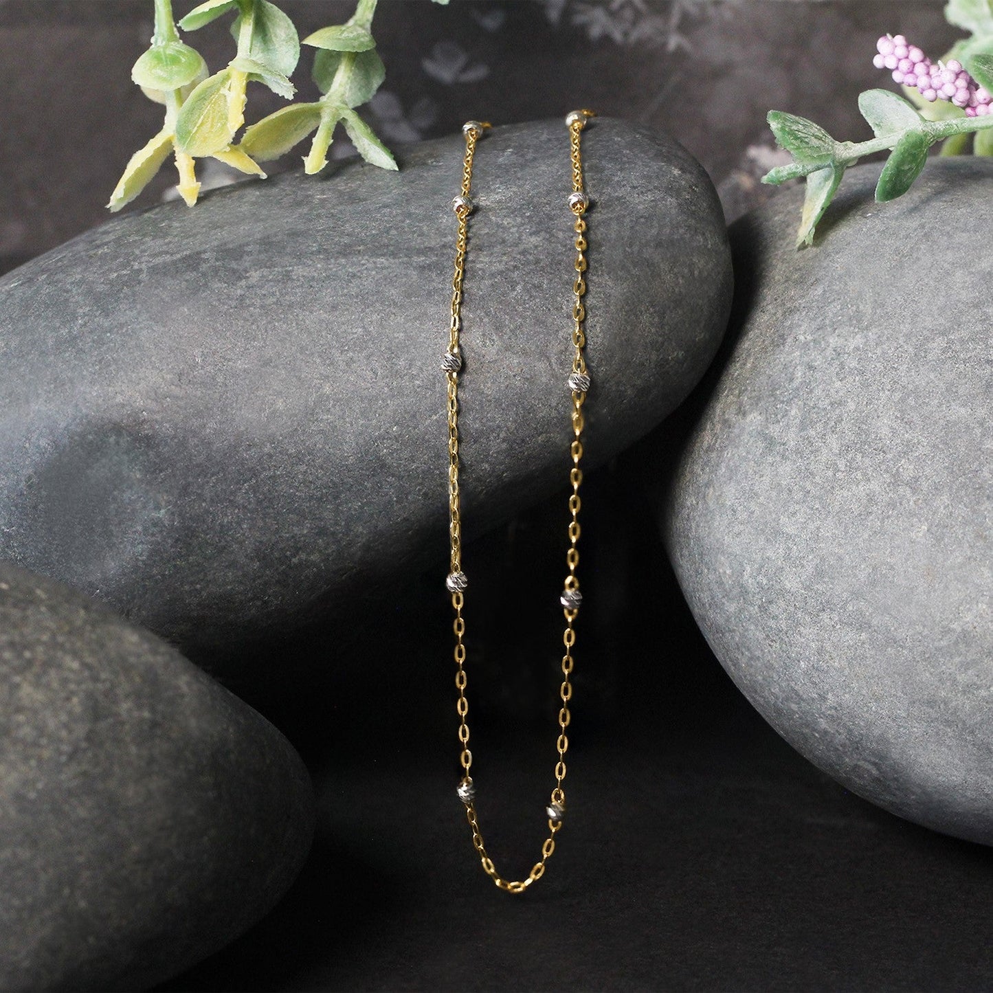 Cadena con colgante de eslabones de cuentas con corte de diamante en oro bicolor de 14k (3,5 mm)