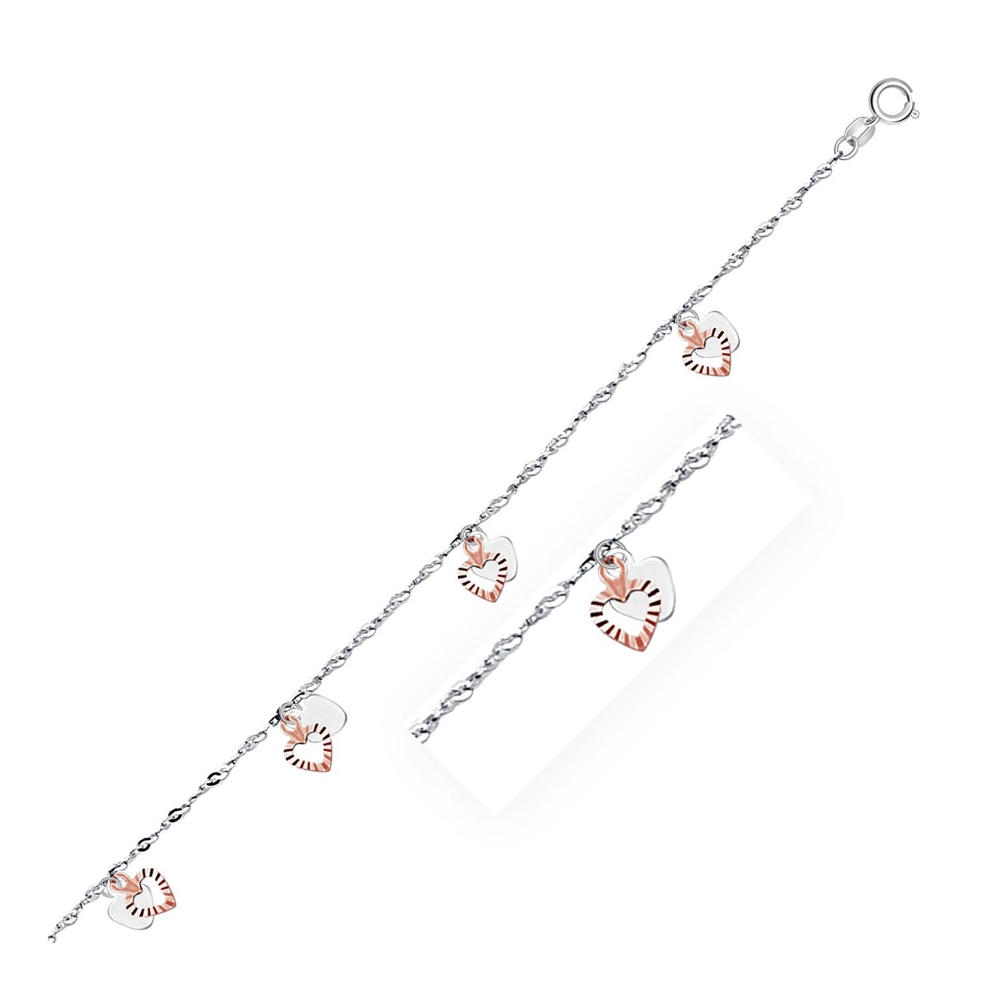 Tobillera de oro blanco y rosa de 14 quilates con dijes de doble corazón