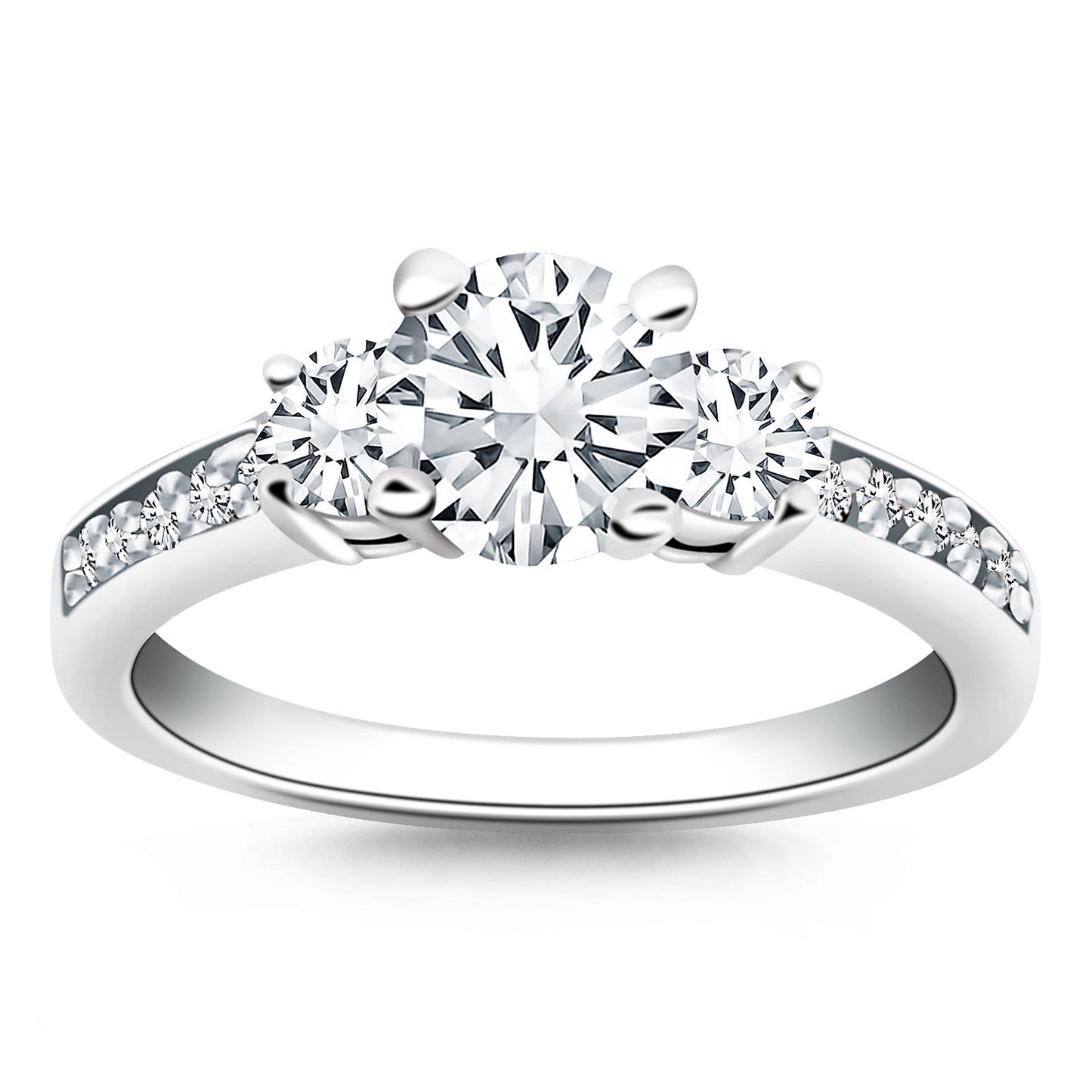 Anillo de compromiso de oro blanco de 14 quilates con tres piedras y banda de diamantes