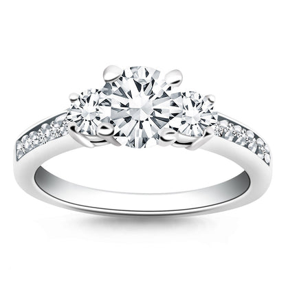 Anillo de compromiso de oro blanco de 14 quilates con tres piedras y banda de diamantes