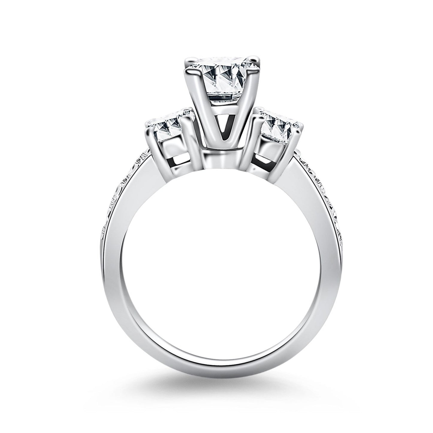 Anillo de compromiso de oro blanco de 14 quilates con tres piedras y banda de diamantes