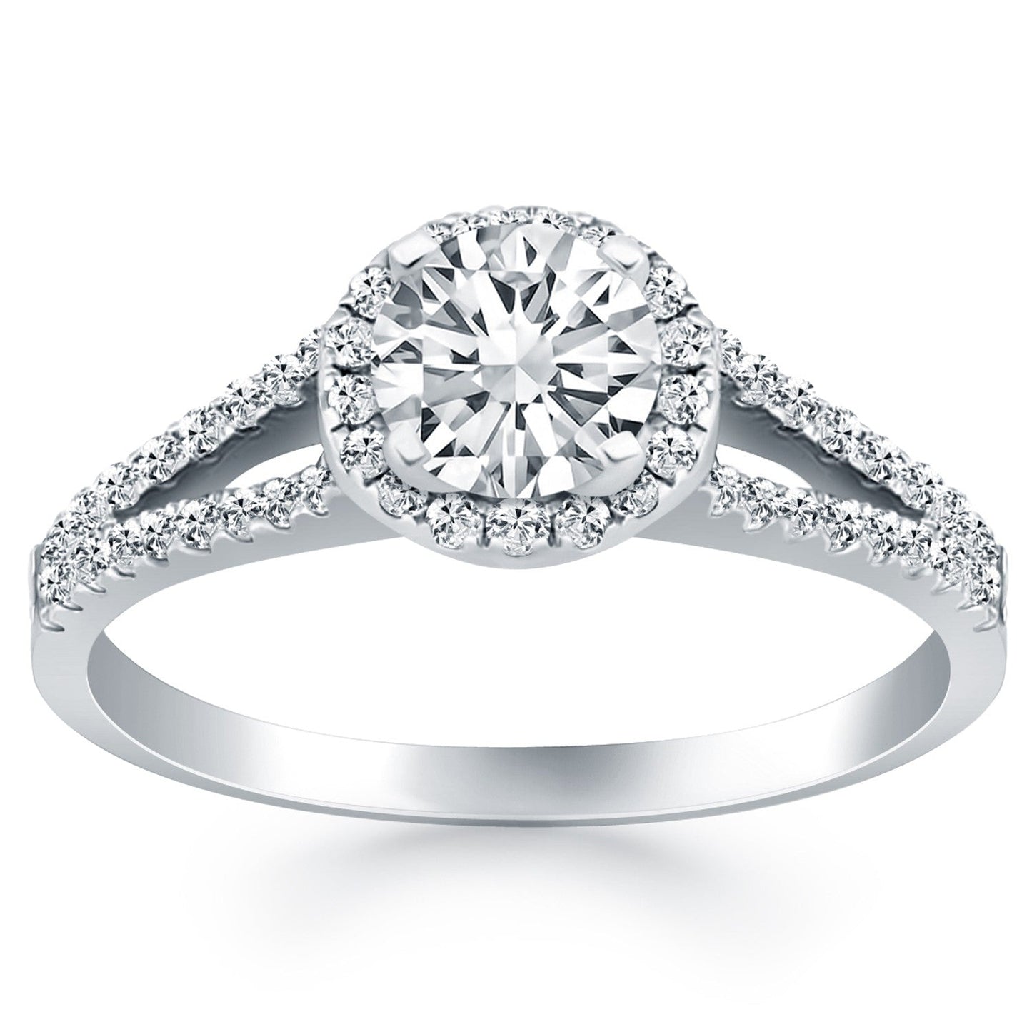 Anillo de compromiso de oro blanco de 14k con halo de diamantes y brazo dividido