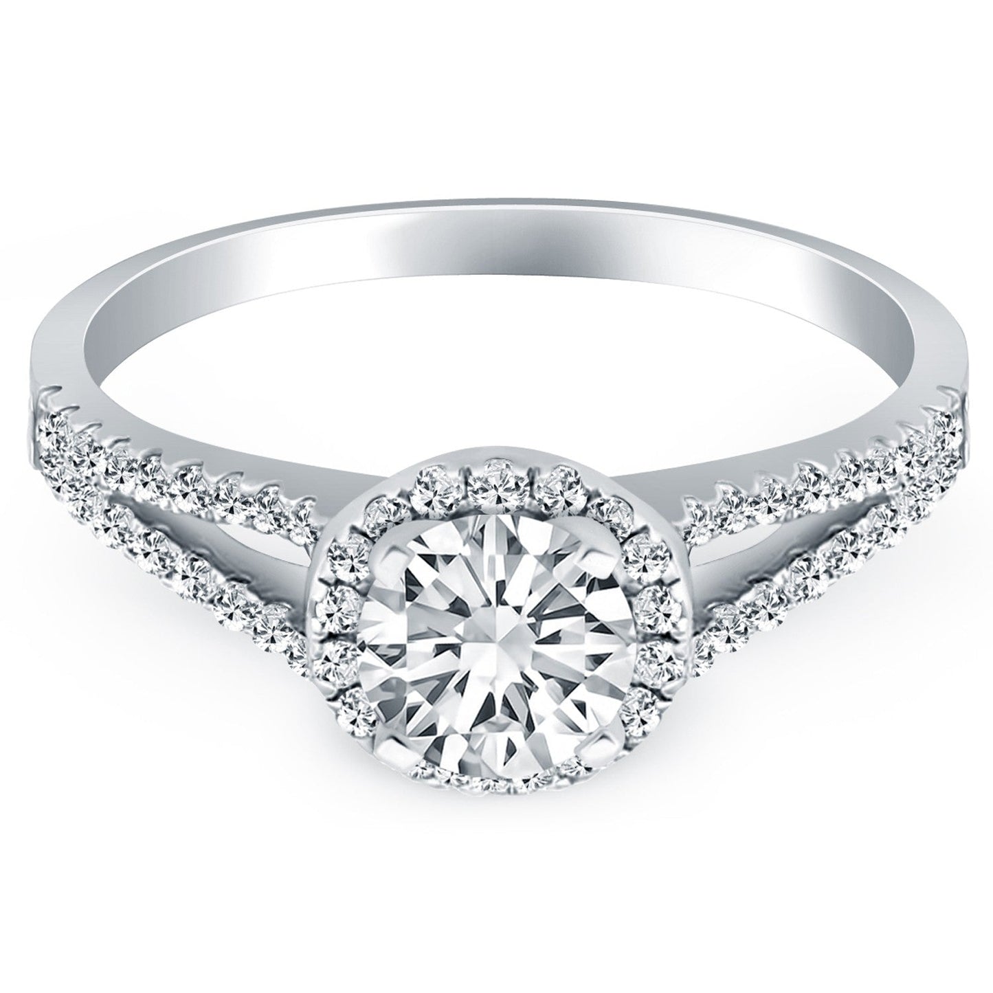 Anillo de compromiso de oro blanco de 14k con halo de diamantes y brazo dividido