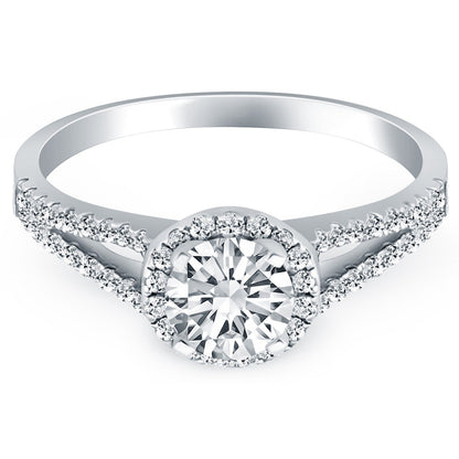 Anillo de compromiso de oro blanco de 14k con halo de diamantes y brazo dividido