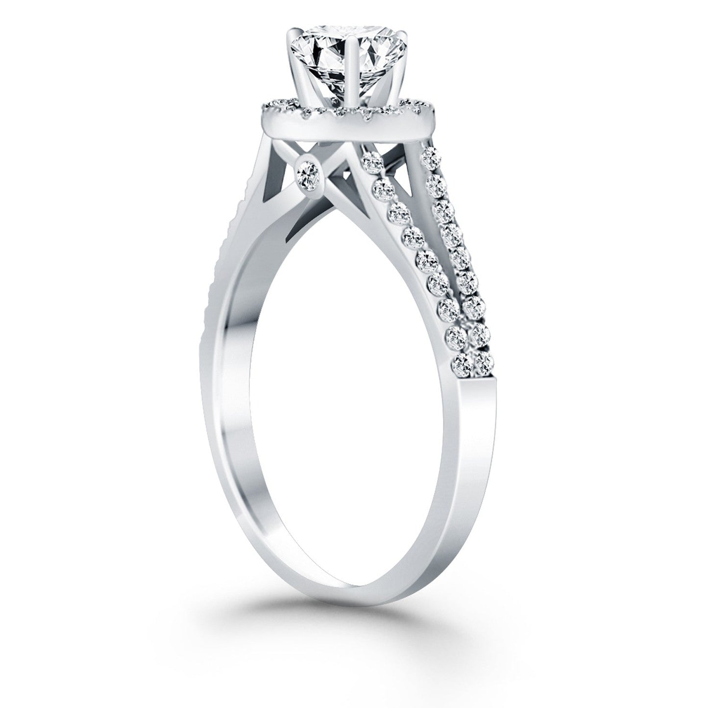 Anillo de compromiso de oro blanco de 14k con halo de diamantes y brazo dividido