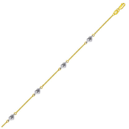Tobillera de oro de 14k de dos tonos con estaciones de corazón de estilo tallado con diamante