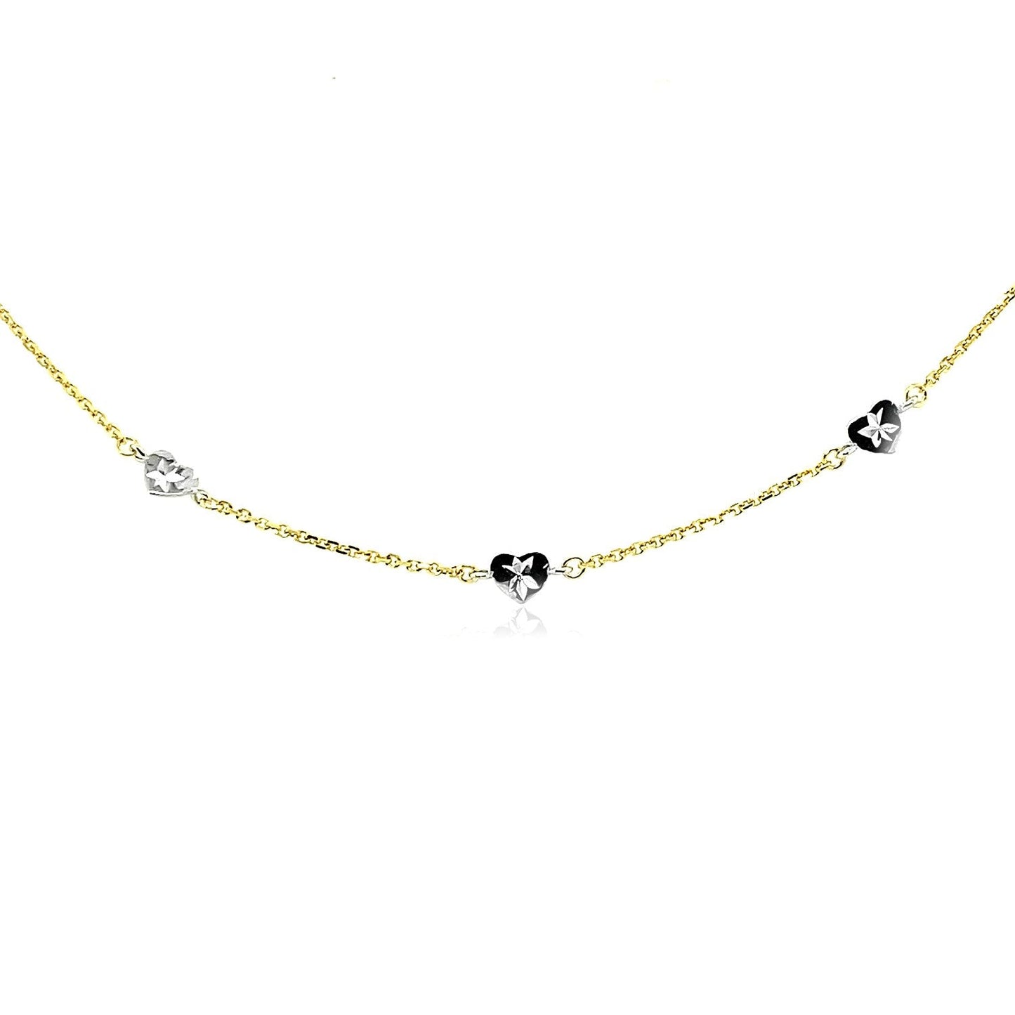 Tobillera de oro de 14k de dos tonos con estaciones de corazón de estilo tallado con diamante