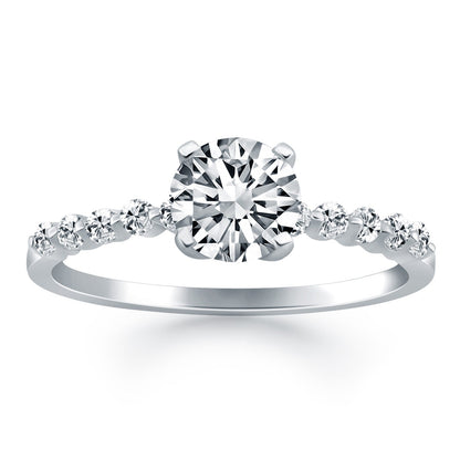 Anillo de compromiso de oro blanco de 14 quilates con diamantes y acentos de diamantes engastados en garras compartidas