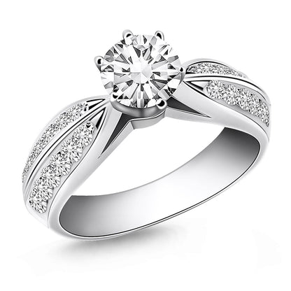 Anillo de compromiso de oro blanco de 14 quilates con diamantes pavé de doble fila tipo catedral