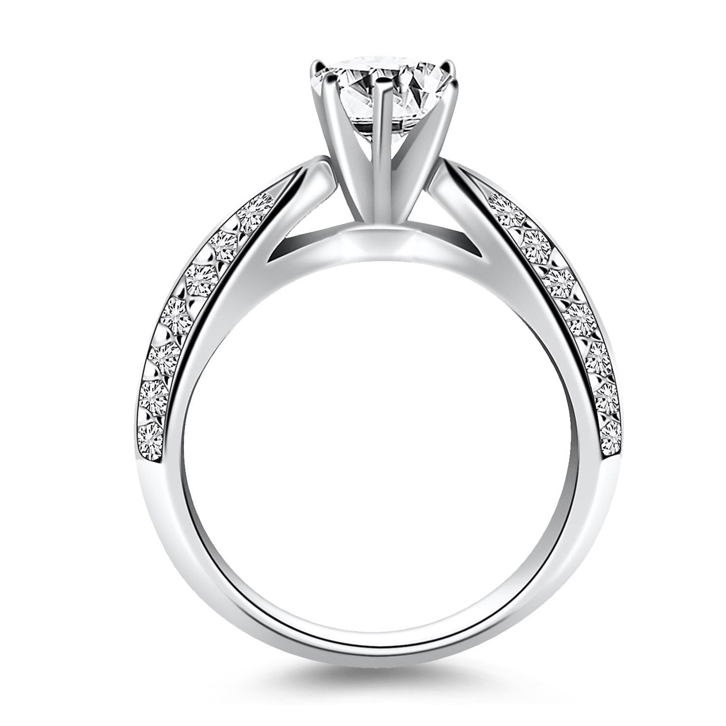 Anillo de compromiso de oro blanco de 14 quilates con diamantes pavé de doble fila tipo catedral