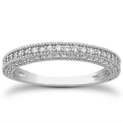 Anillo de boda con textura milgrain, oro blanco de 14k, con diamantes en pavé elegante